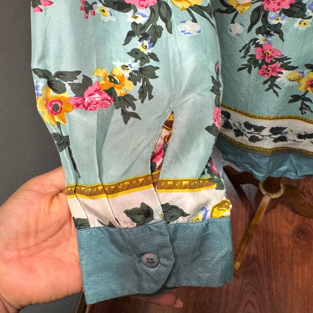 Elegant Vintage Floral Silk Blouse - Teal & Multicolor size L - Picture 7 of 13